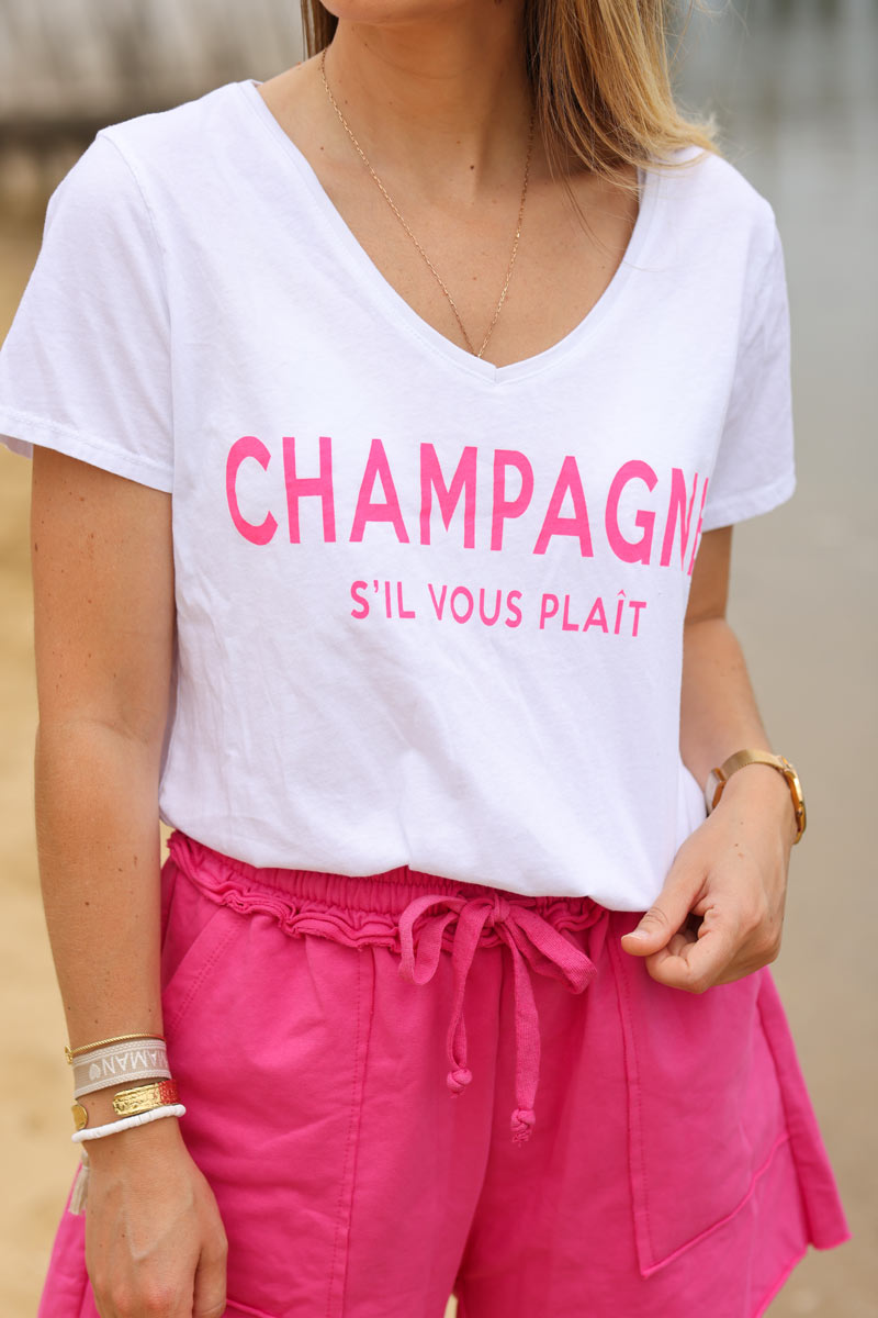 Tshirt blanc col v message champagne s'il vous plait rose fluo e148 (1)