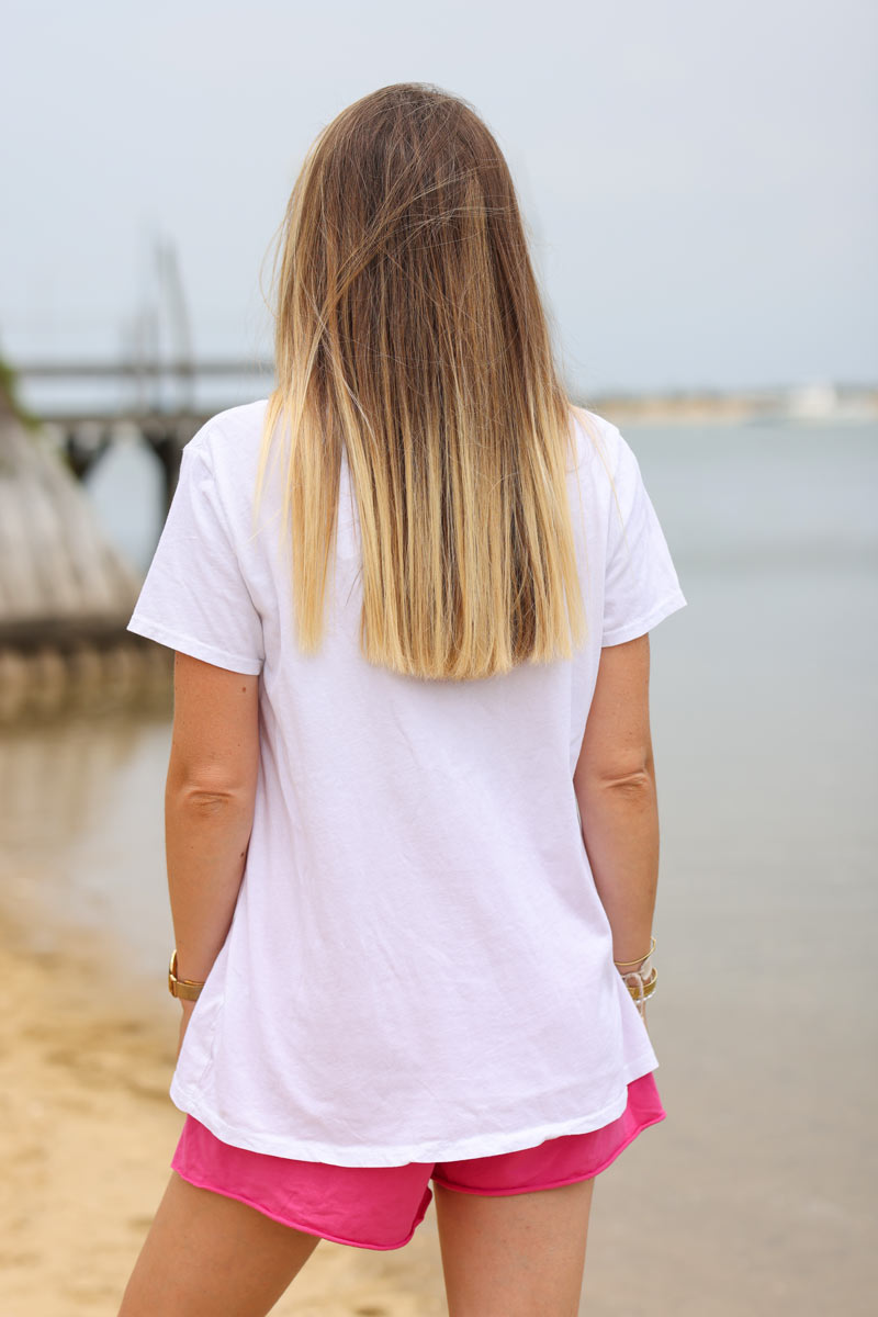 Tshirt blanc col v message champagne s'il vous plait rose fluo e148 (1)