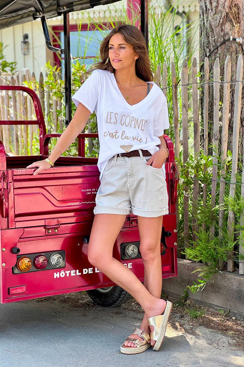 White “Les Copines C’est La Vie!” French V-Neck Tee