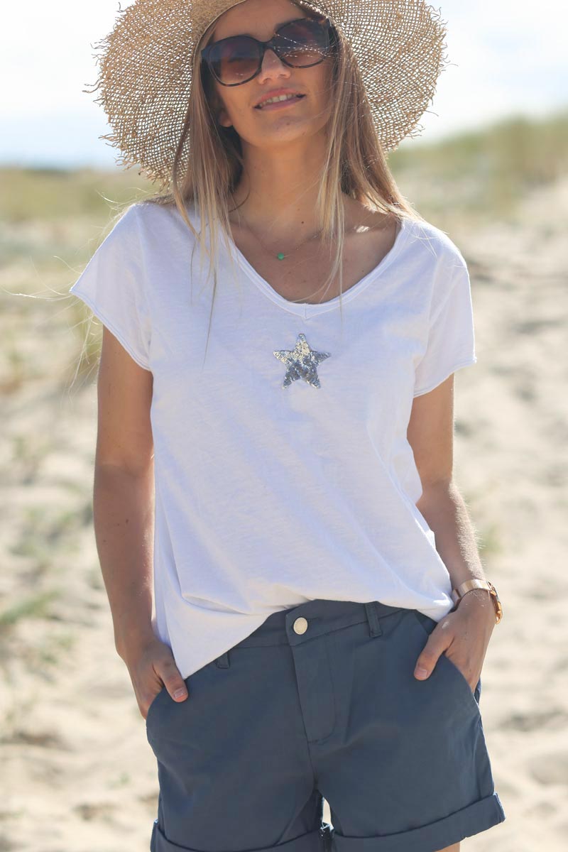 Tshirt blanc en coton étoile sequins