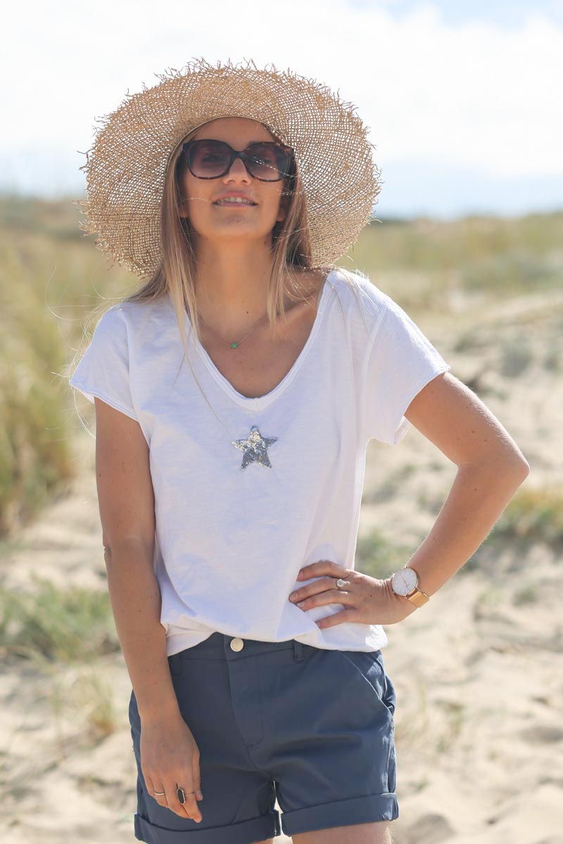 Tshirt blanc en coton étoile sequins