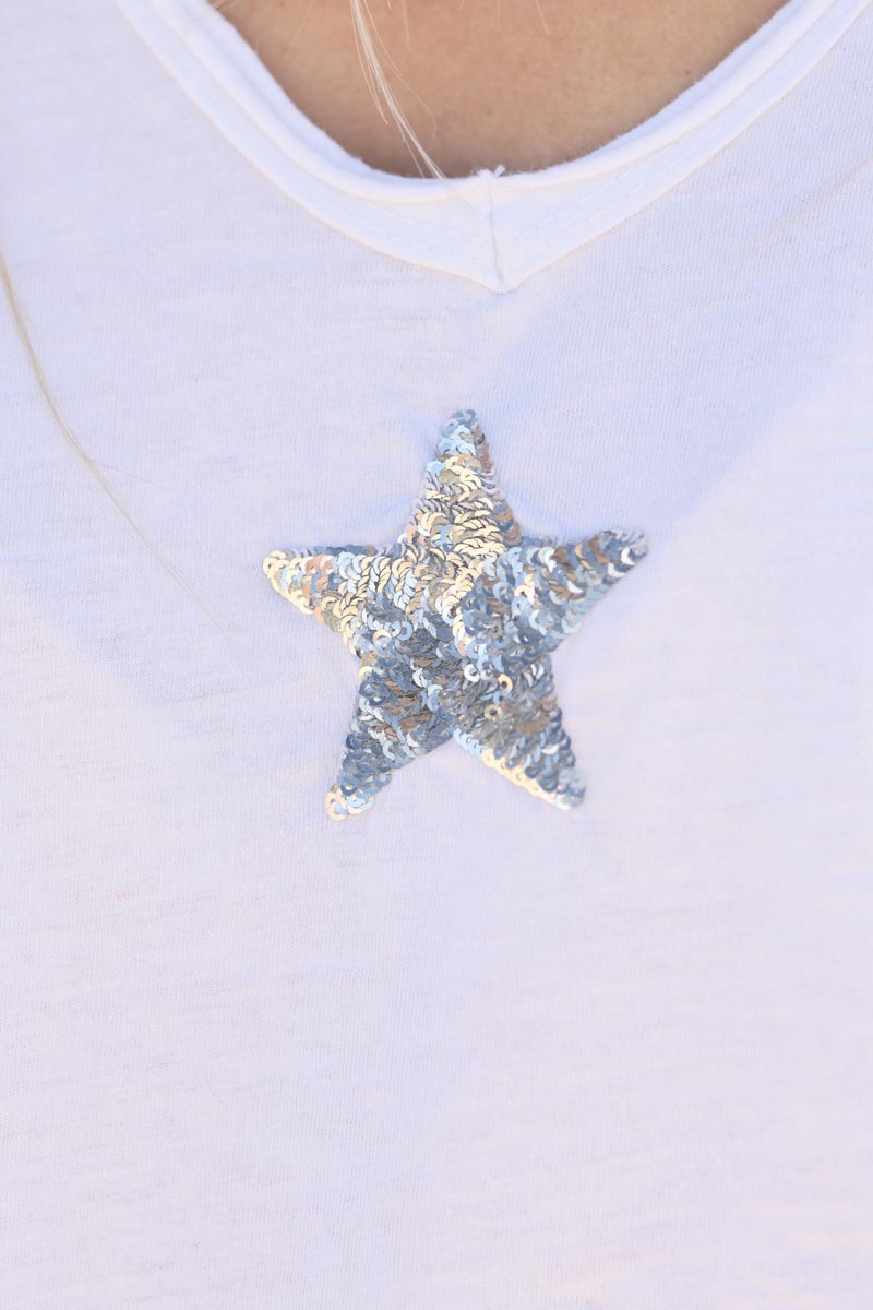 Tshirt blanc en coton étoile sequins