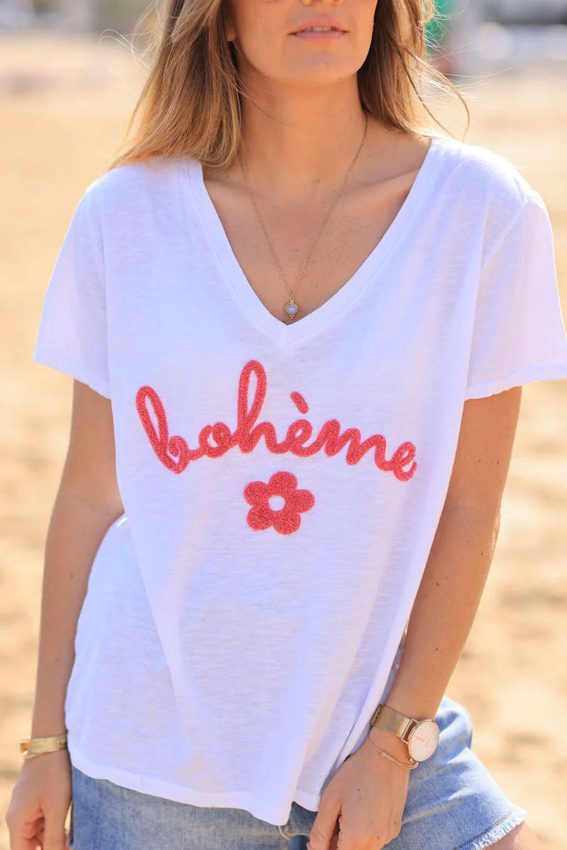 Tshirt blanc en coton col v Bohème et fleurs éponge corail
