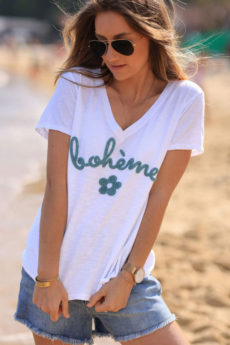 White cotton t-shirt with celadon green "Boheme" and flowers