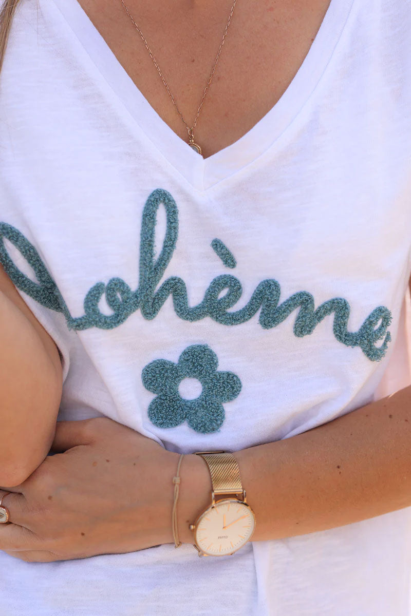 White cotton t-shirt with celadon green "Boheme" and flowers
