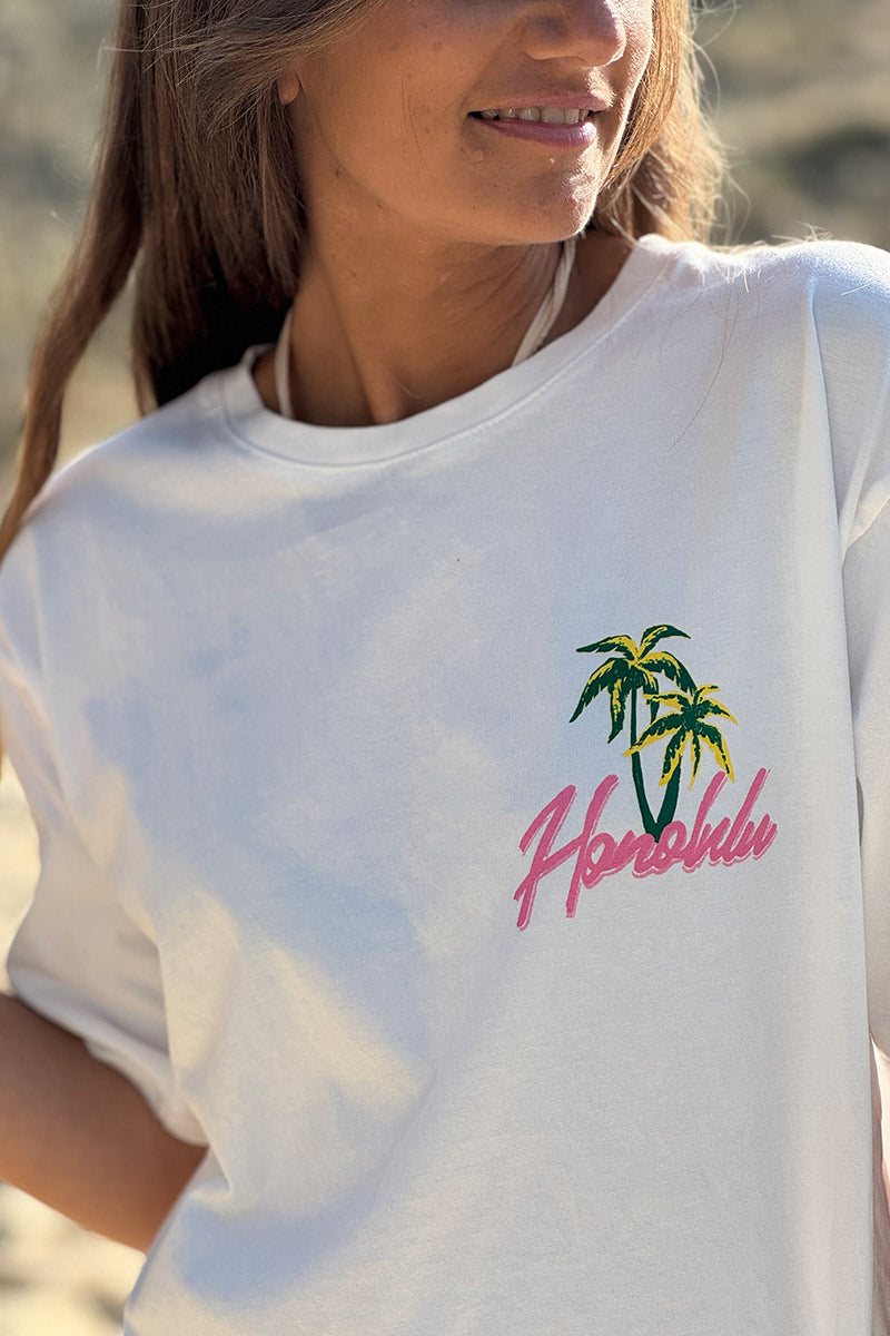 Tshirt blanc en coton Honolulu palmier col rond