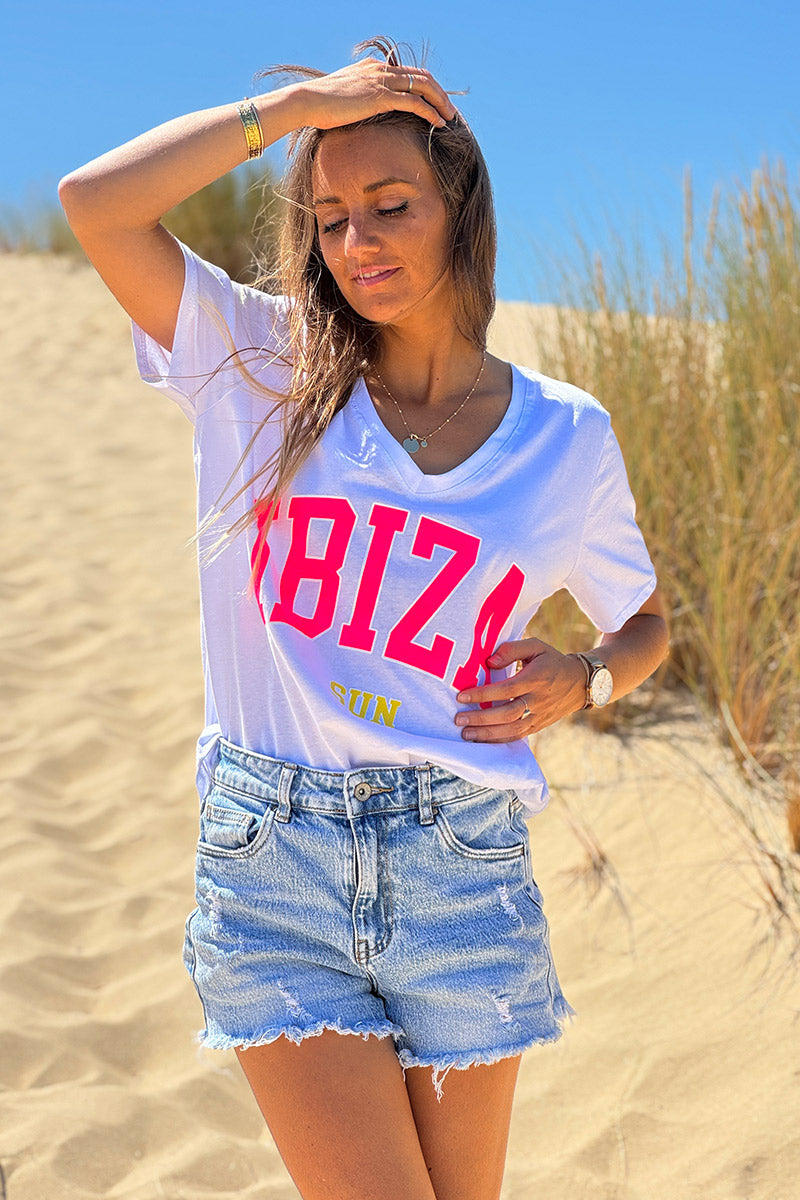 White Ibiza Sun Varsity V-Neck Tee