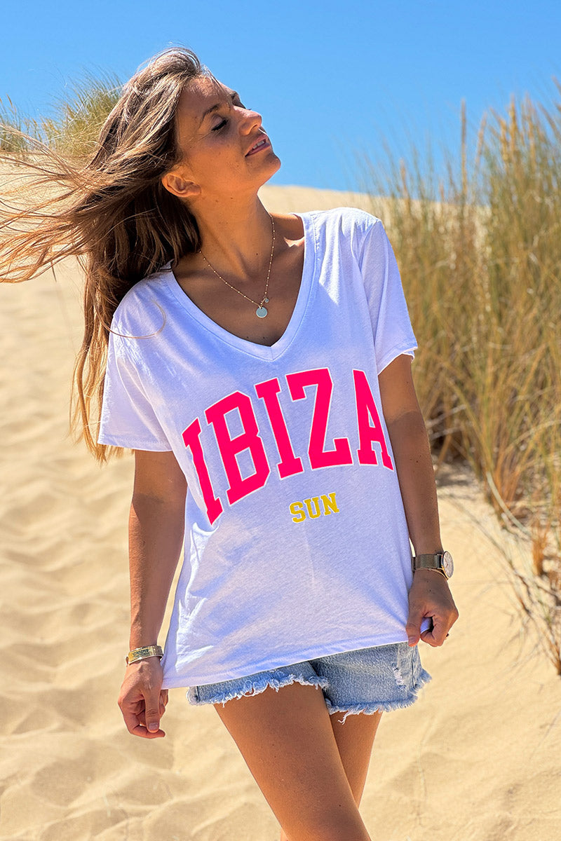 White Ibiza Sun Varsity V-Neck Tee