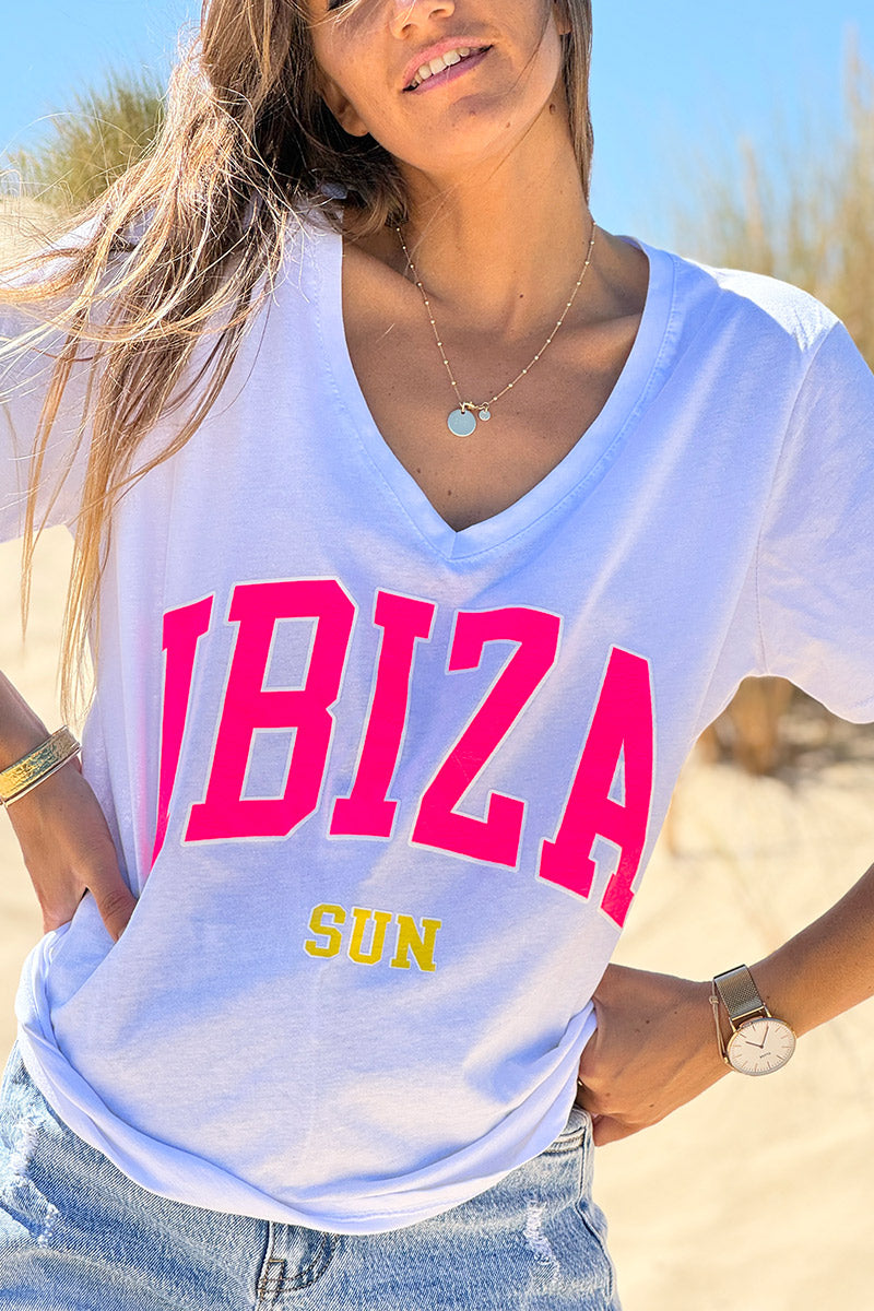 White Ibiza Sun Varsity V-Neck Tee