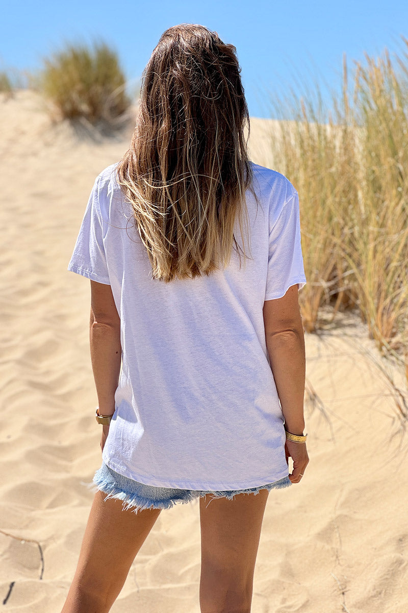 White Ibiza Sun Varsity V-Neck Tee