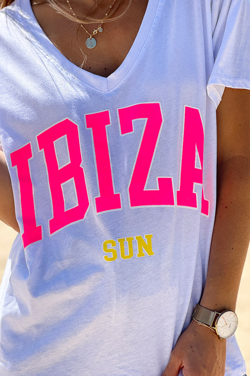 White Ibiza Sun Varsity V-Neck Tee