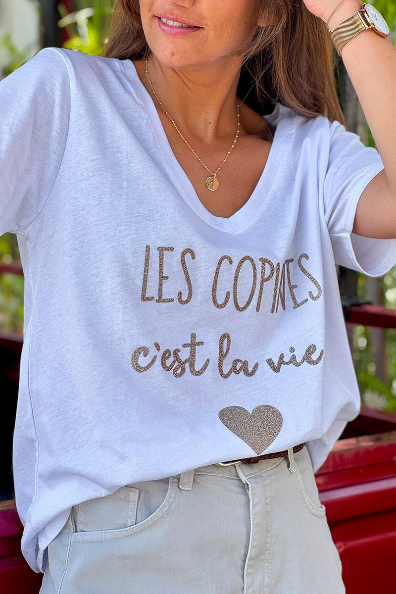 White “Les Copines C’est La Vie!” French V-Neck Tee