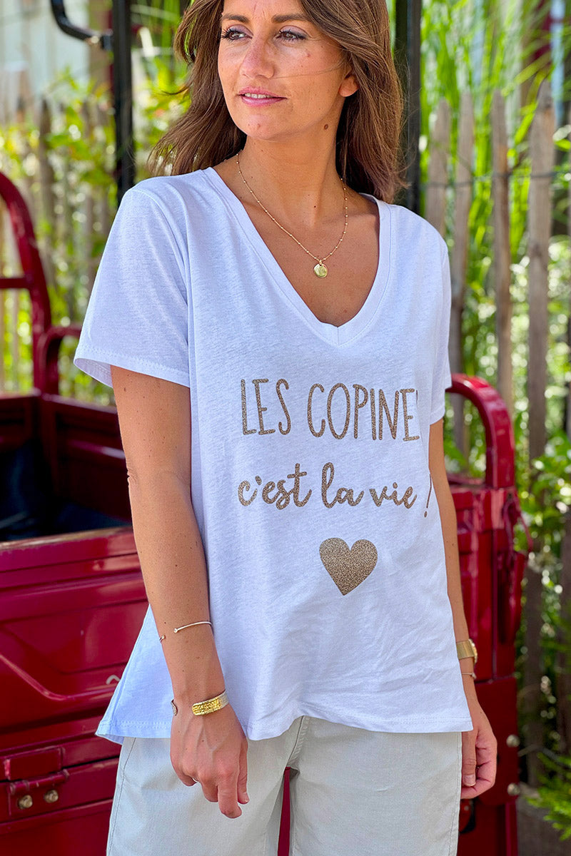 White “Les Copines C’est La Vie!” French V-Neck Tee