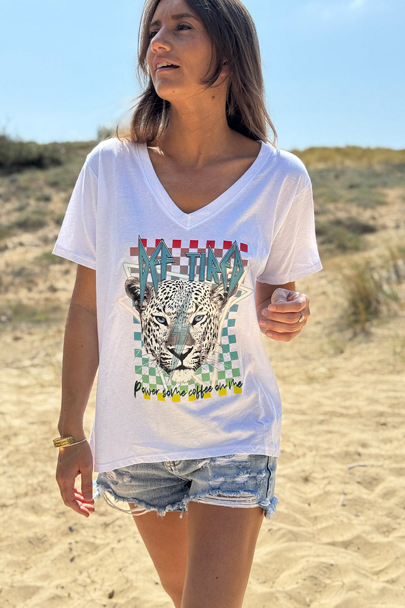 White “Def Tired” Leopard Rock V-Neck Tee