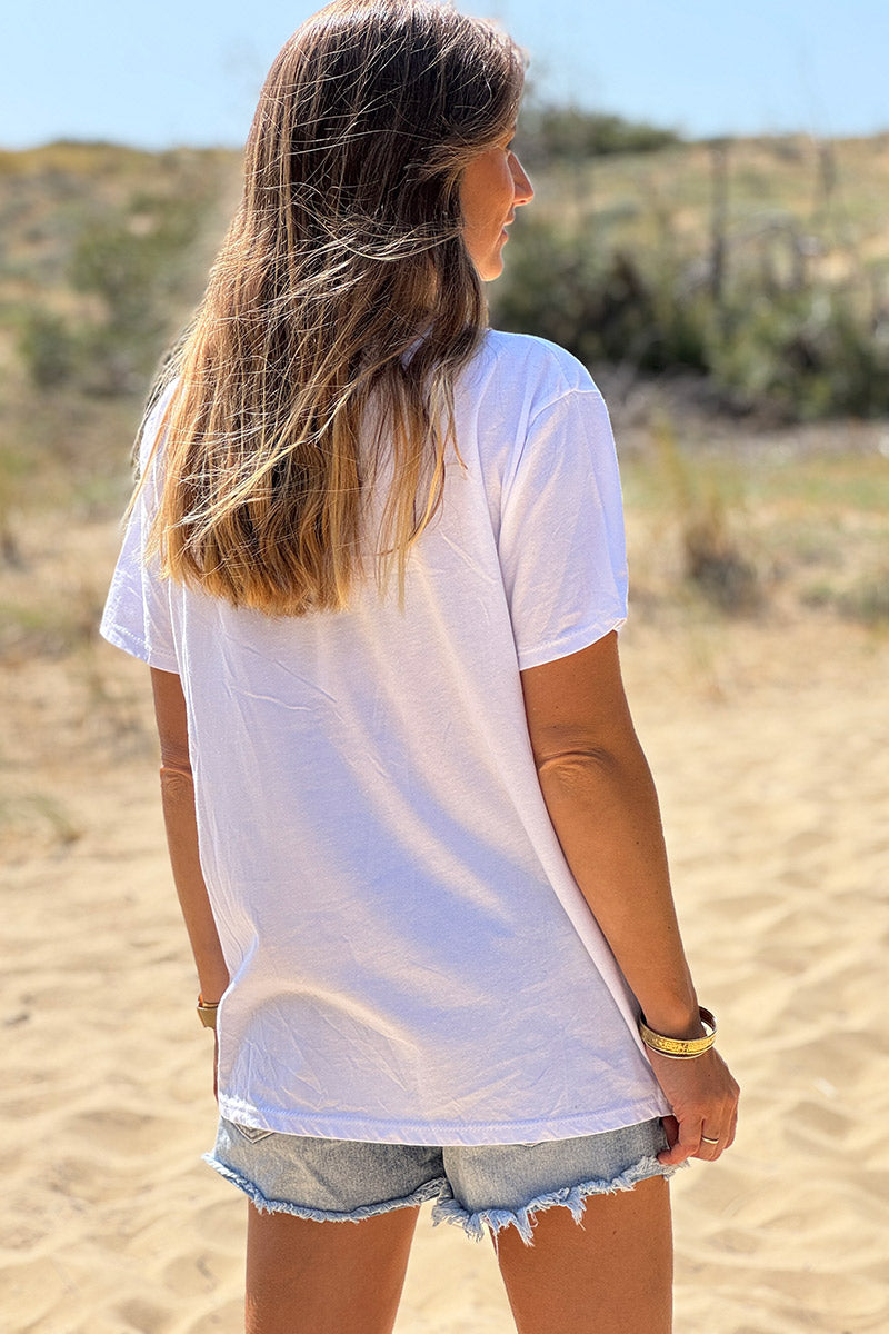White “Def Tired” Leopard Rock V-Neck Tee