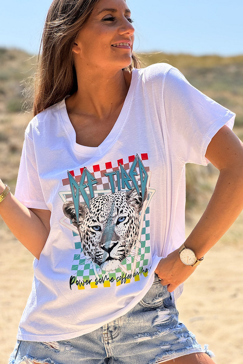 White “Def Tired” Leopard Rock V-Neck Tee