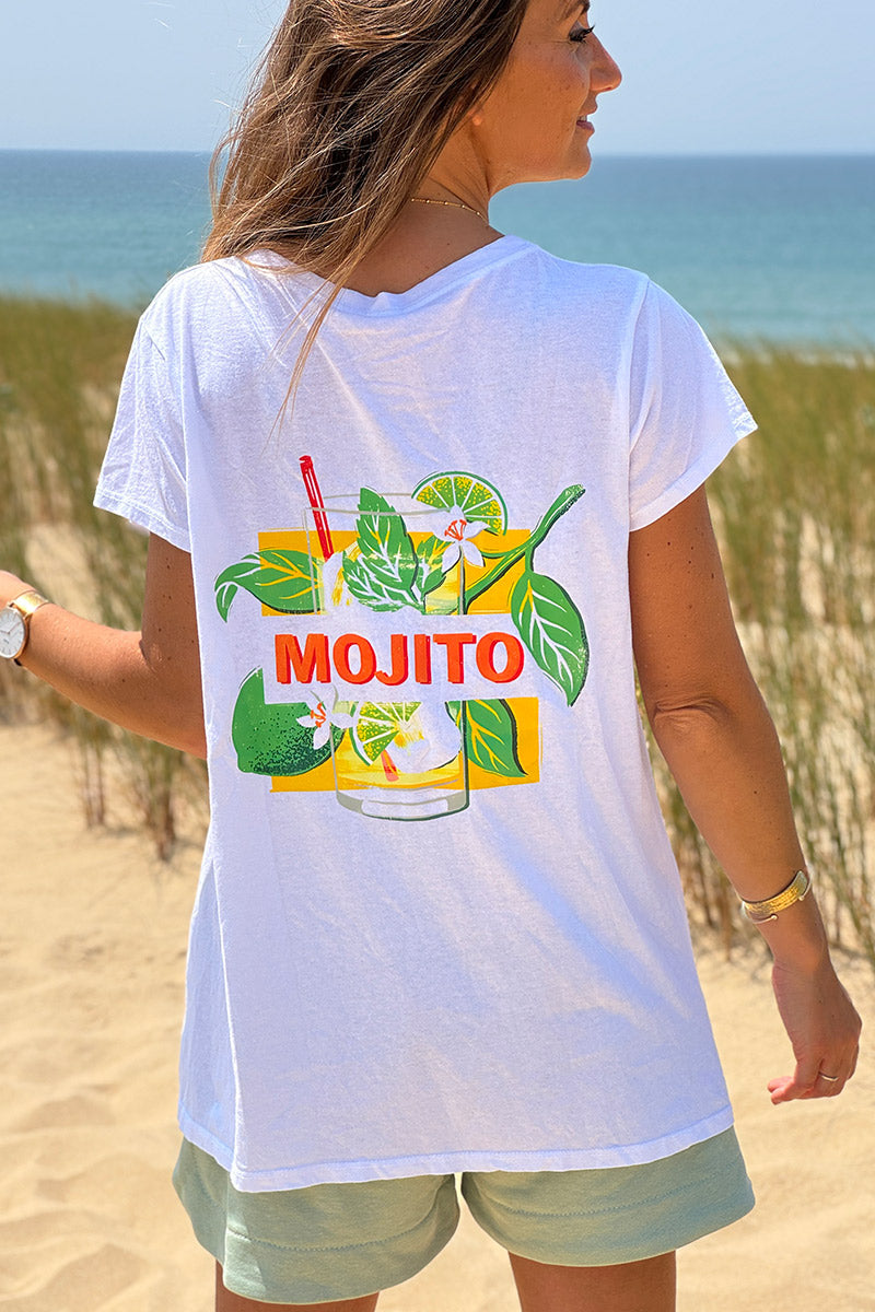 T-shirt blanc en coton cocktail Mojito citrons col v