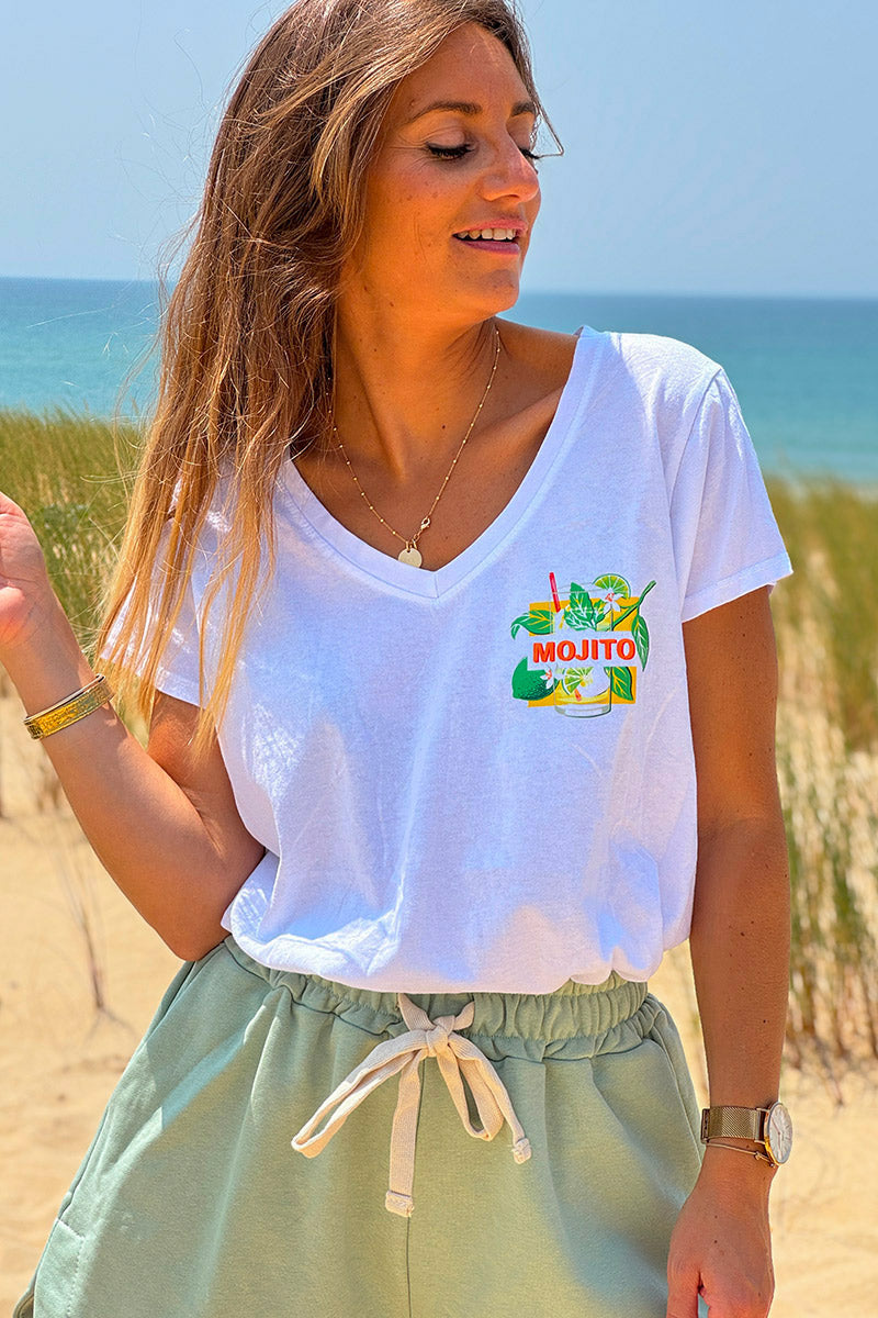 White “Mojito” Cocktail V-Neck Tee