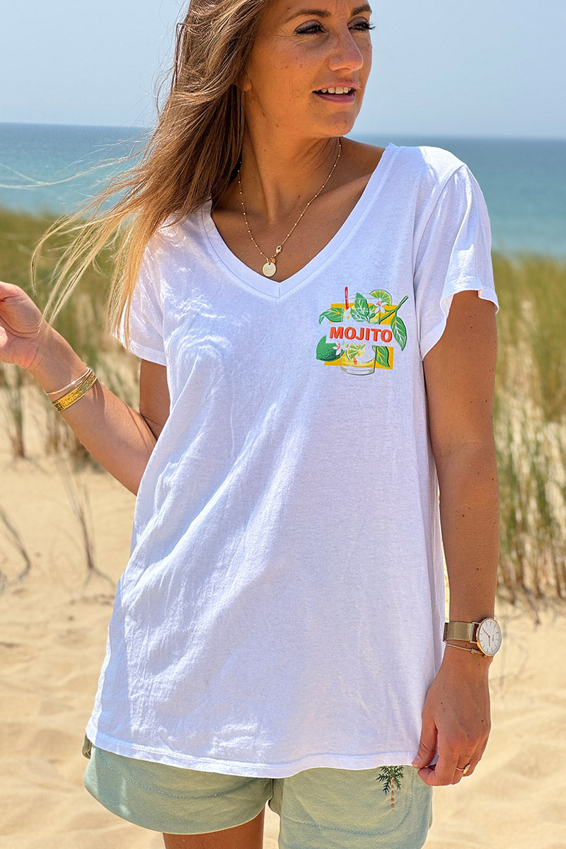 T-shirt blanc en coton cocktail Mojito citrons col v