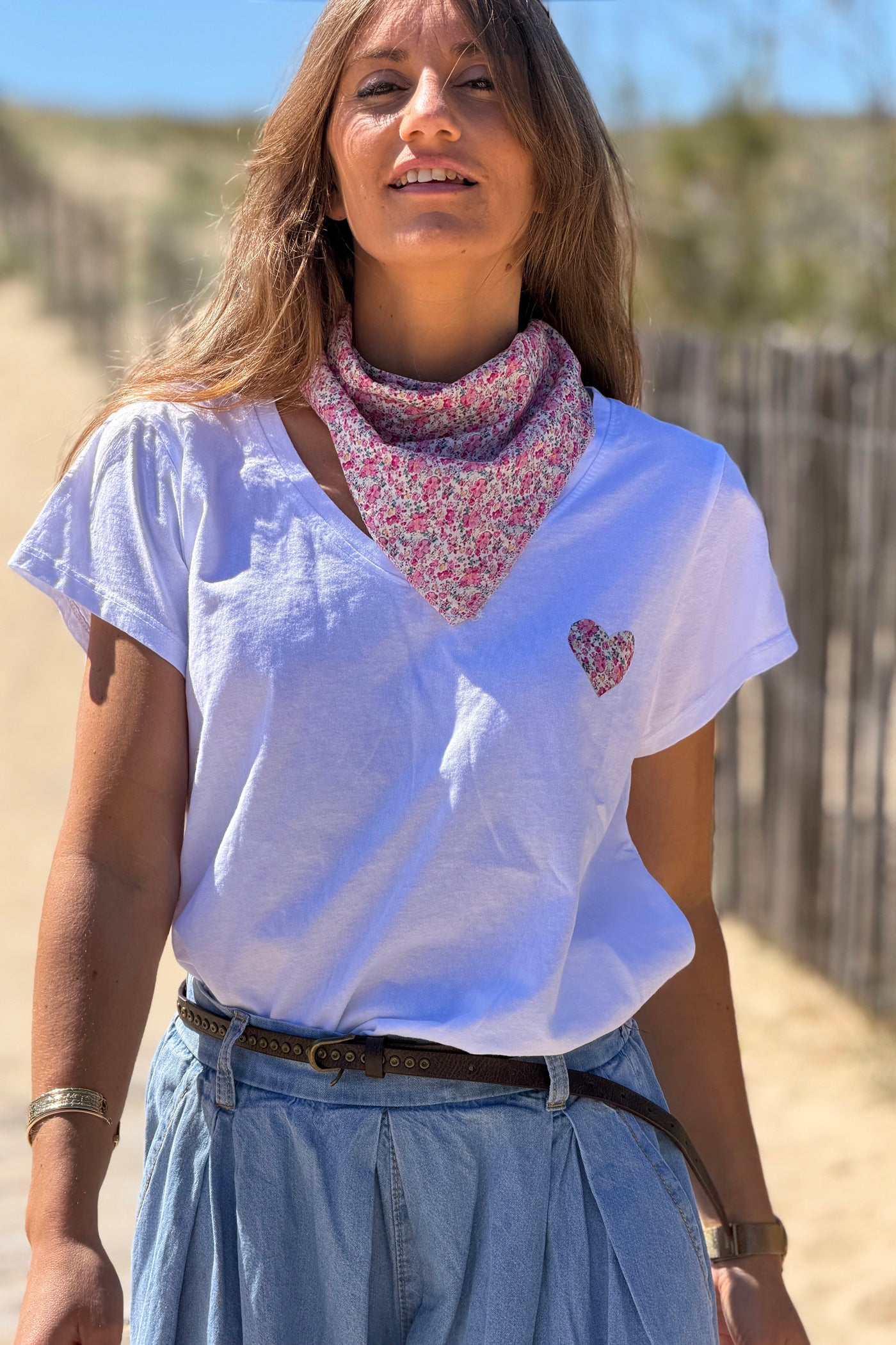 White Calico Heart V-Neck Tee with Scarf