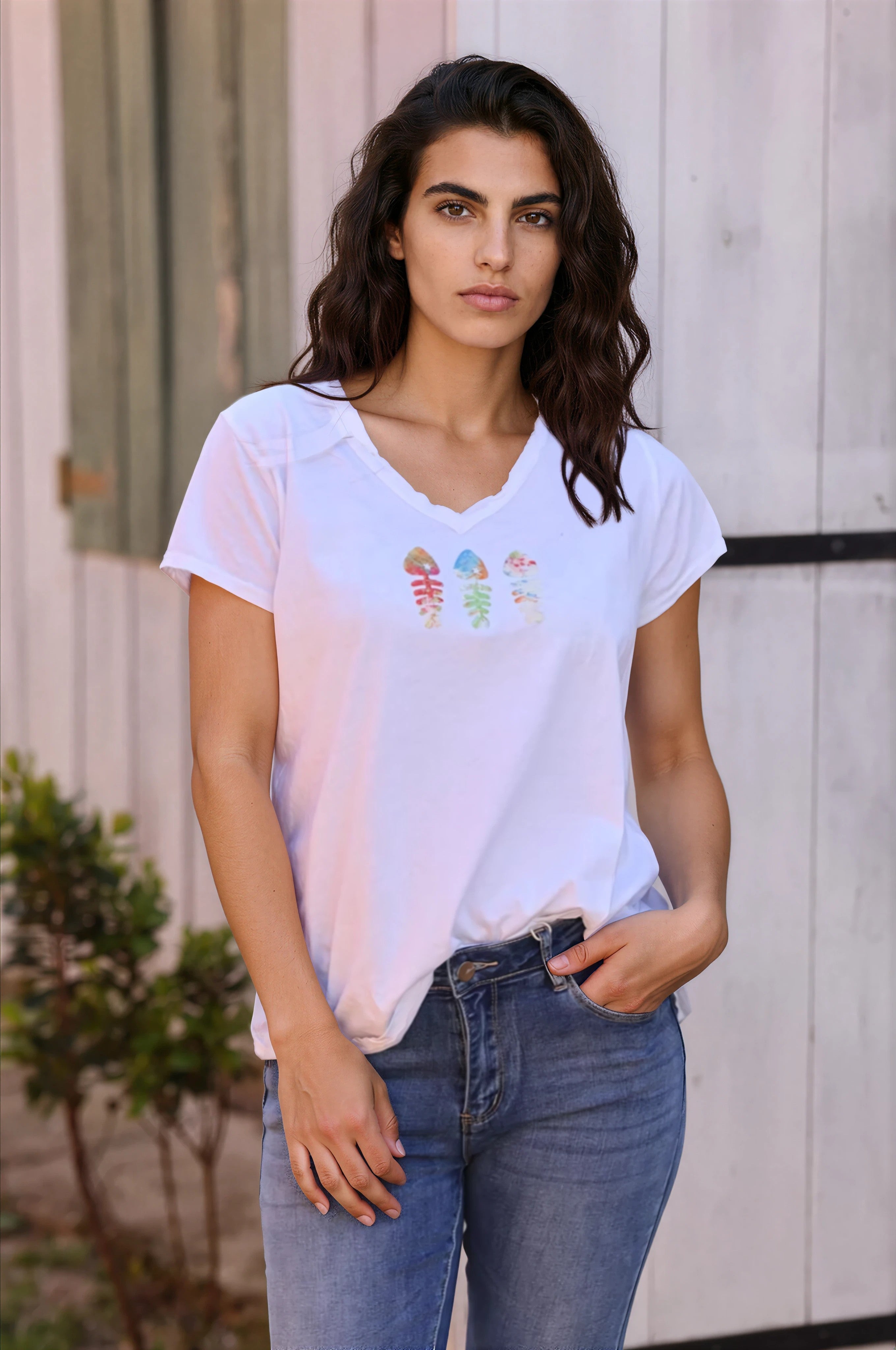 White cotton t-shirt with raw collar and trio colored fish