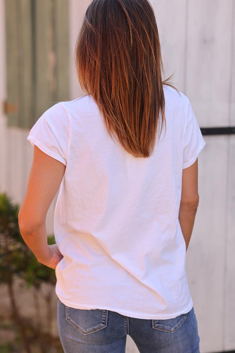 Tshirt blanc en coton col franges trio poissons coloré G202 (1)