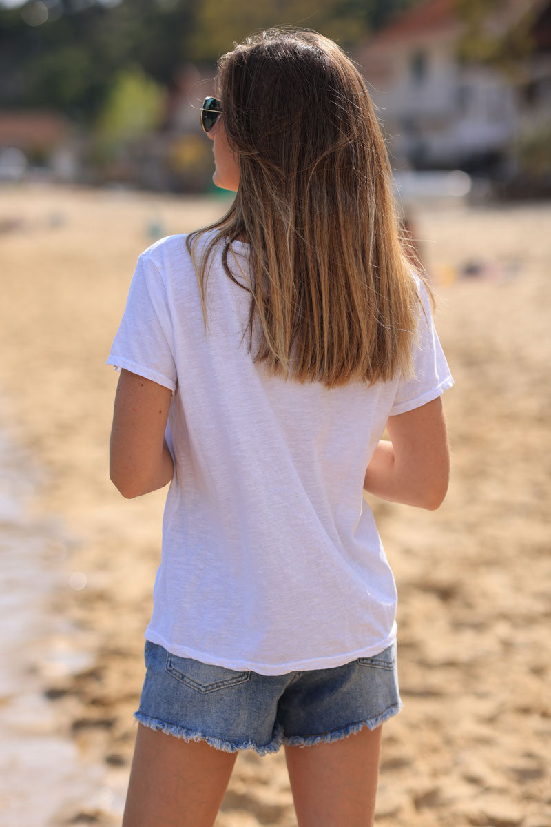 White cotton t-shirt with celadon green "Boheme" and flowers