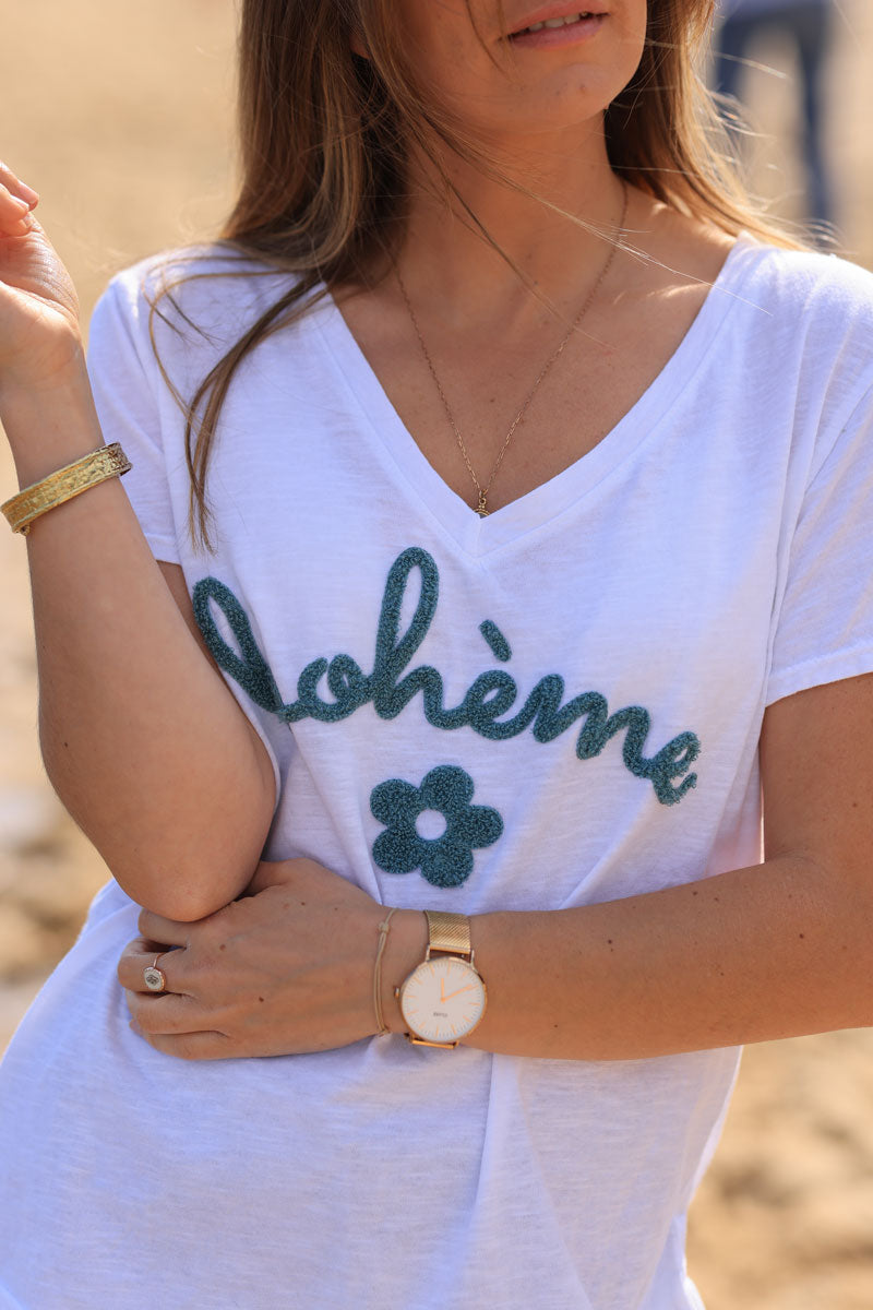 White cotton t-shirt with celadon green "Boheme" and flowers