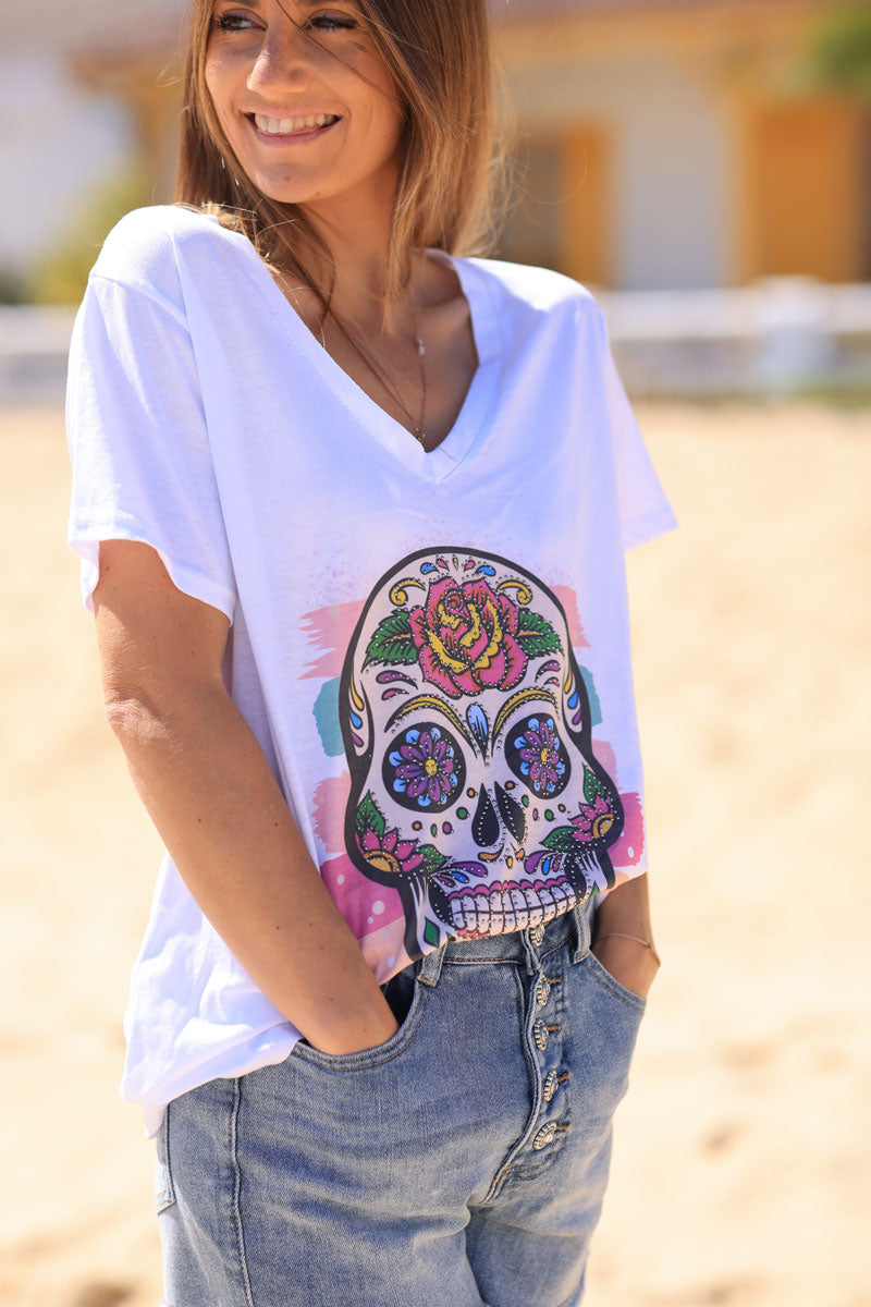 T-shirt blanc en coton col v tête mexicaine strass et peinture