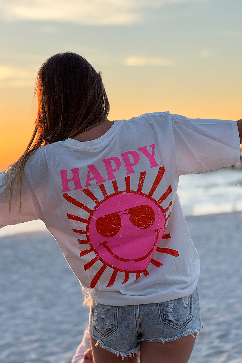 White Happy Sun Screen Print Tshirt