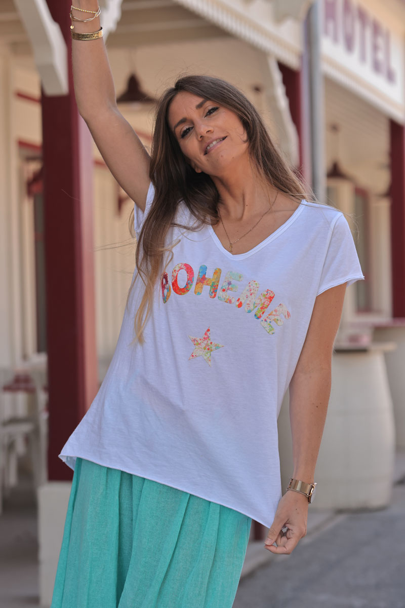 White Boho Heart Stretch V-Neck Tee