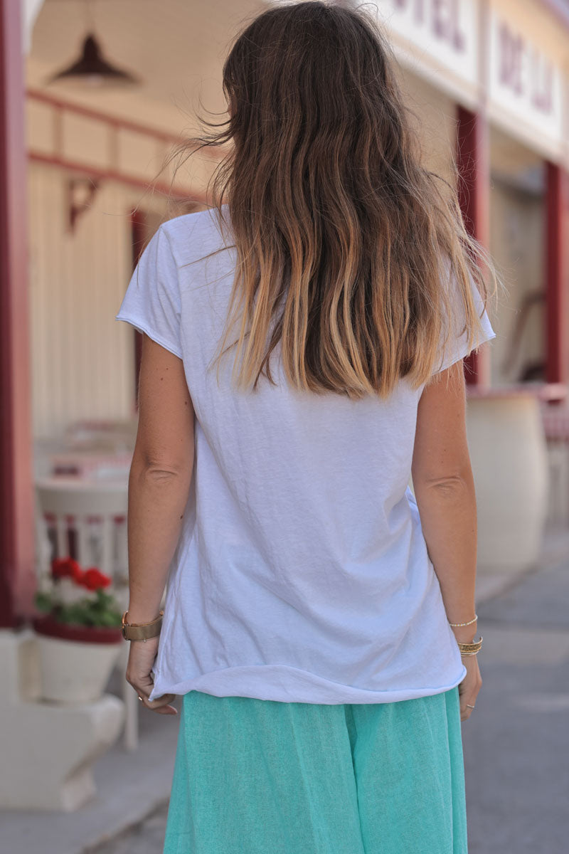White Boho Heart Stretch V-Neck Tee