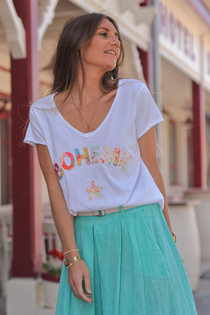 White Boho Heart Stretch V-Neck Tee
