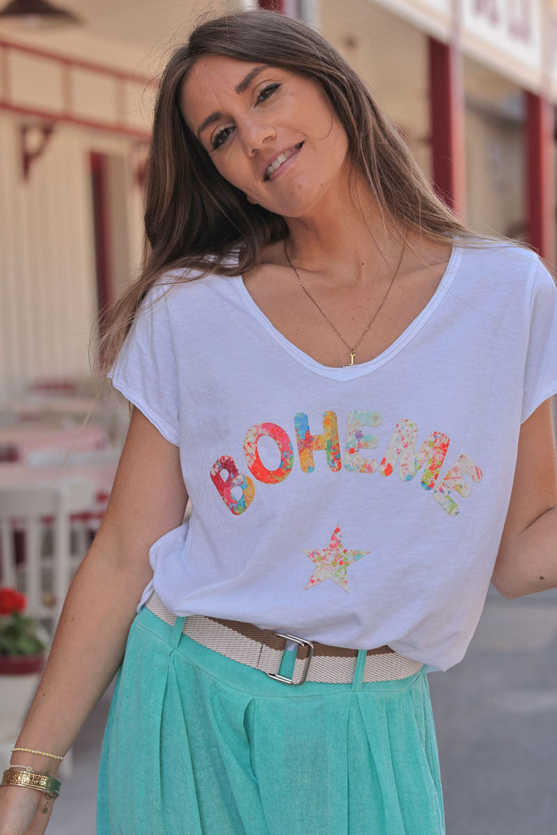 White Boho Heart Stretch V-Neck Tee