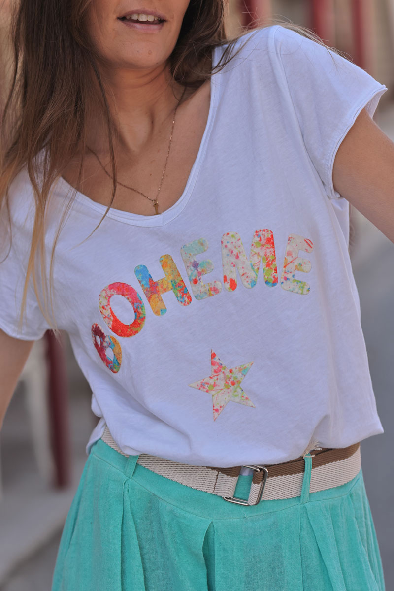 White Boho Heart Stretch V-Neck Tee