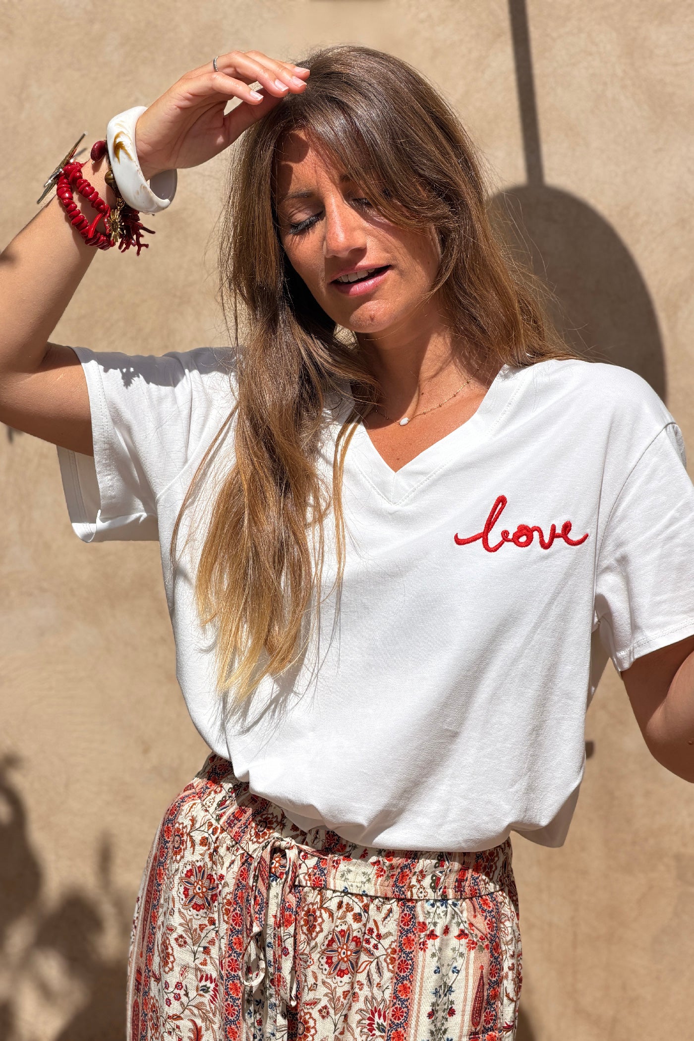 White / Red V-Neck “Love in the Sun” Jersey Knit Tee