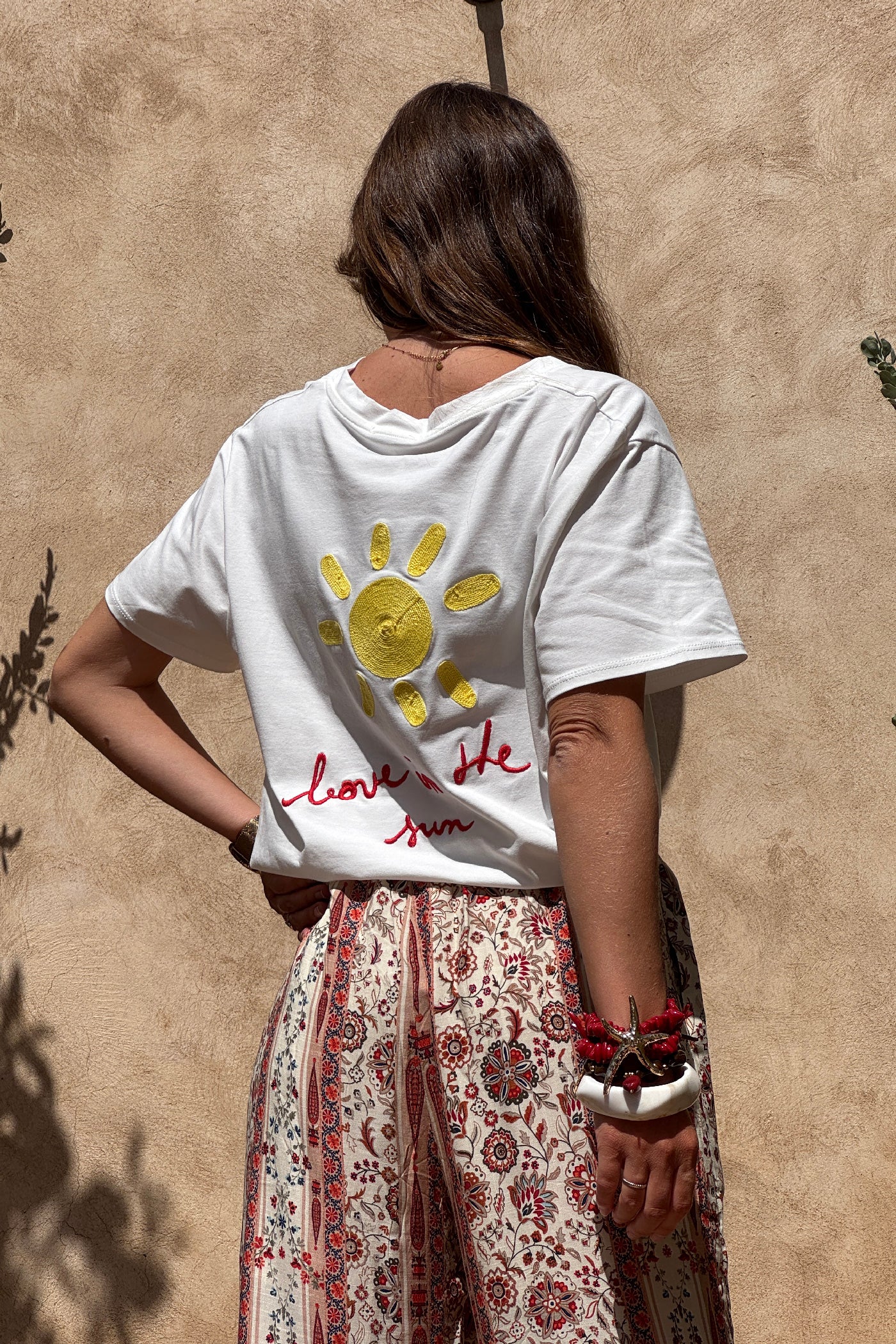 White / Red V-Neck “Love in the Sun” Jersey Knit Tee