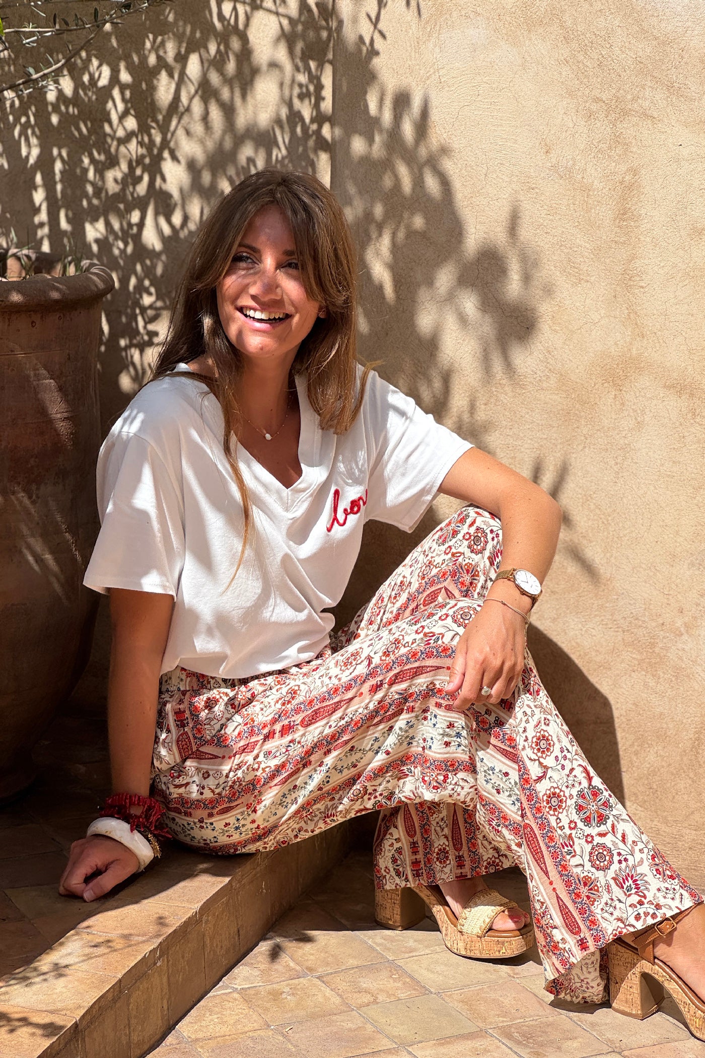 White / Red V-Neck “Love in the Sun” Jersey Knit Tee
