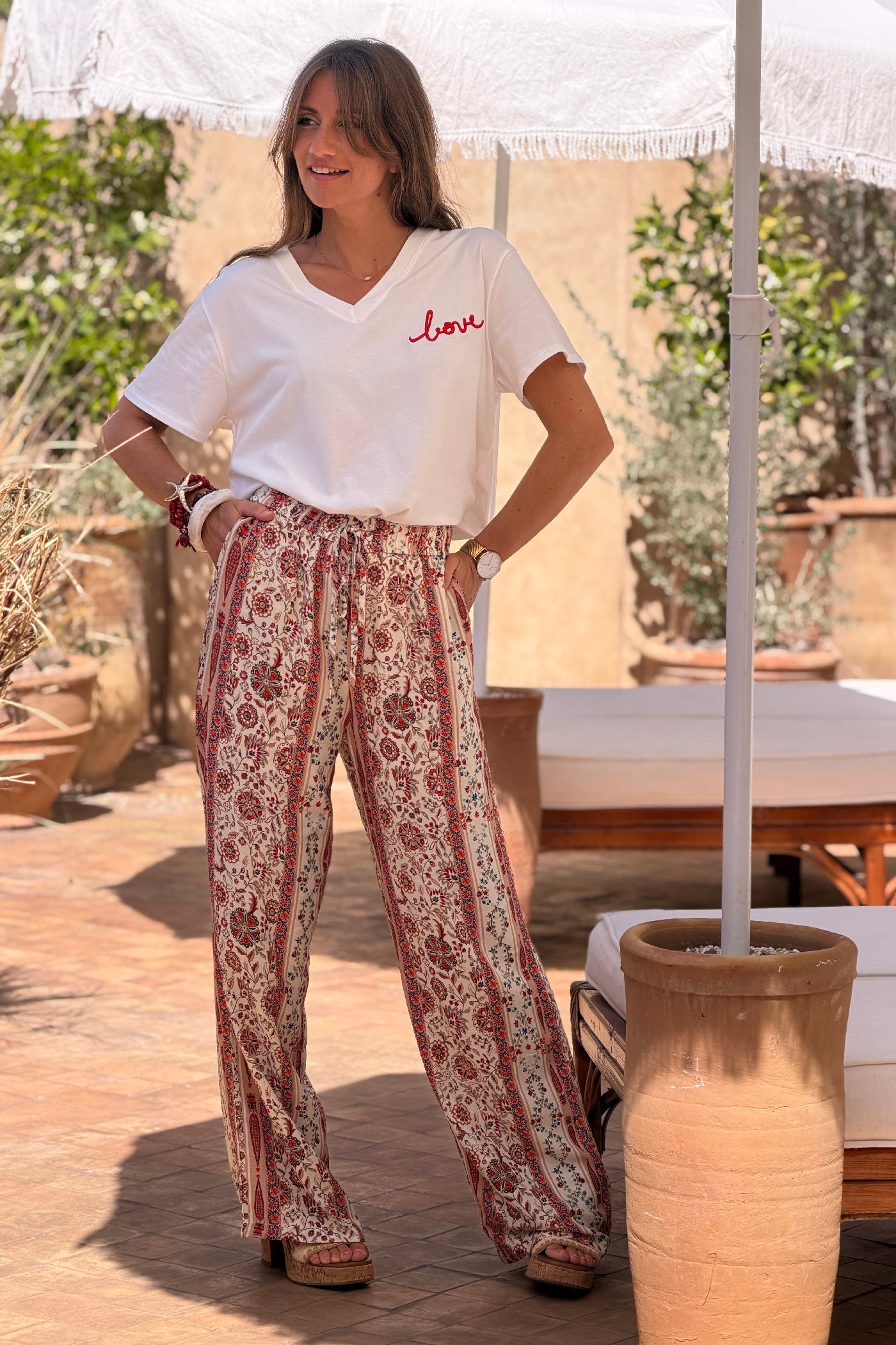 White / Red V-Neck “Love in the Sun” Jersey Knit Tee