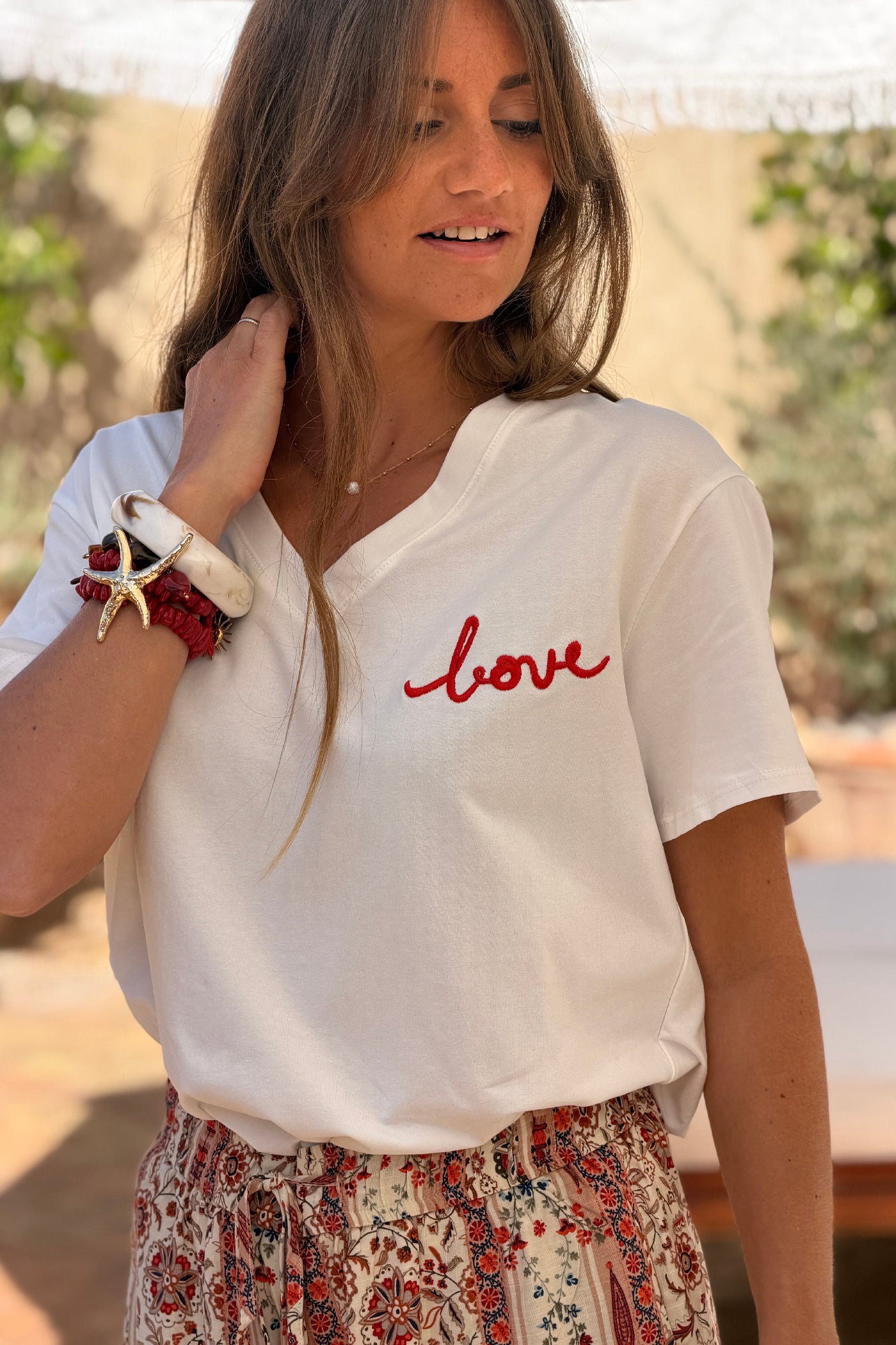 White / Red V-Neck “Love in the Sun” Jersey Knit Tee