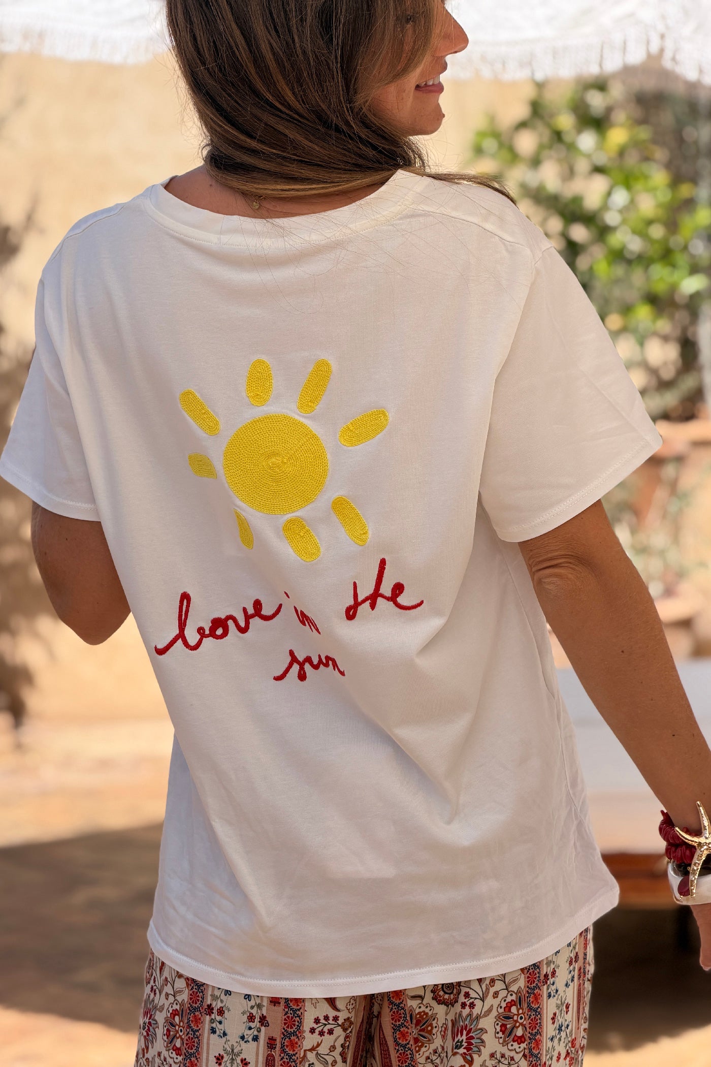 White / Red V-Neck “Love in the Sun” Jersey Knit Tee
