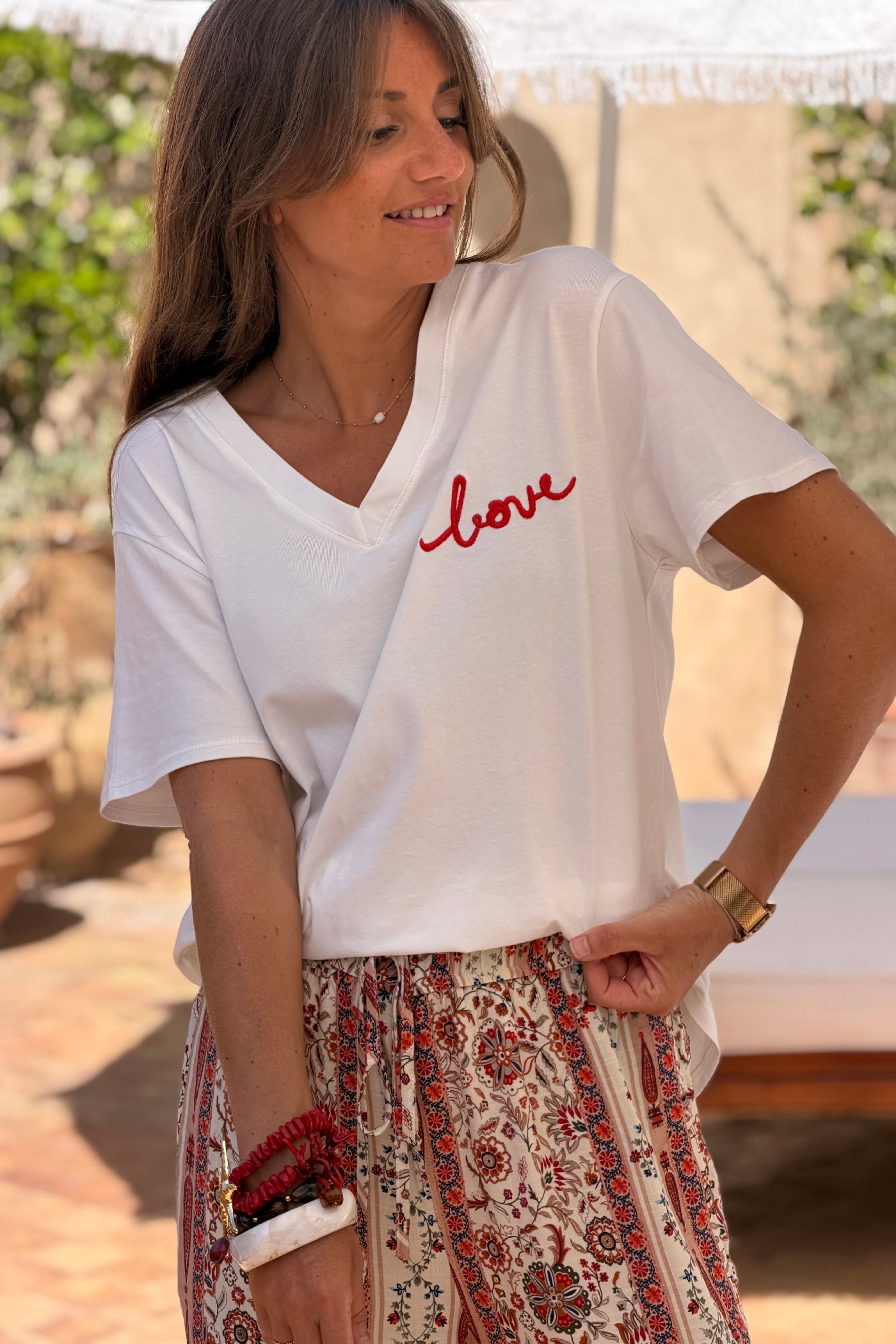 White / Red V-Neck “Love in the Sun” Jersey Knit Tee