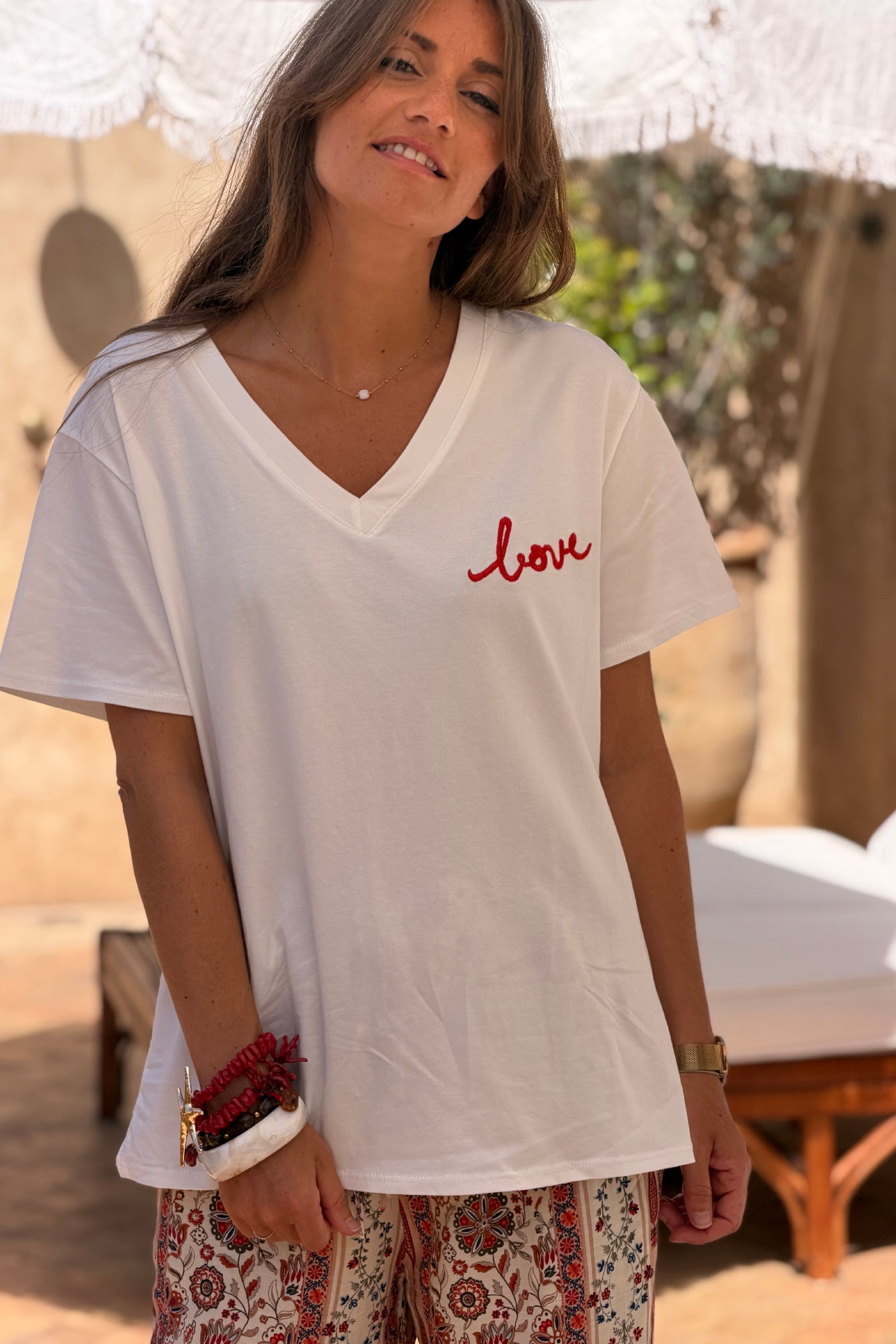 White / Red V-Neck “Love in the Sun” Jersey Knit Tee
