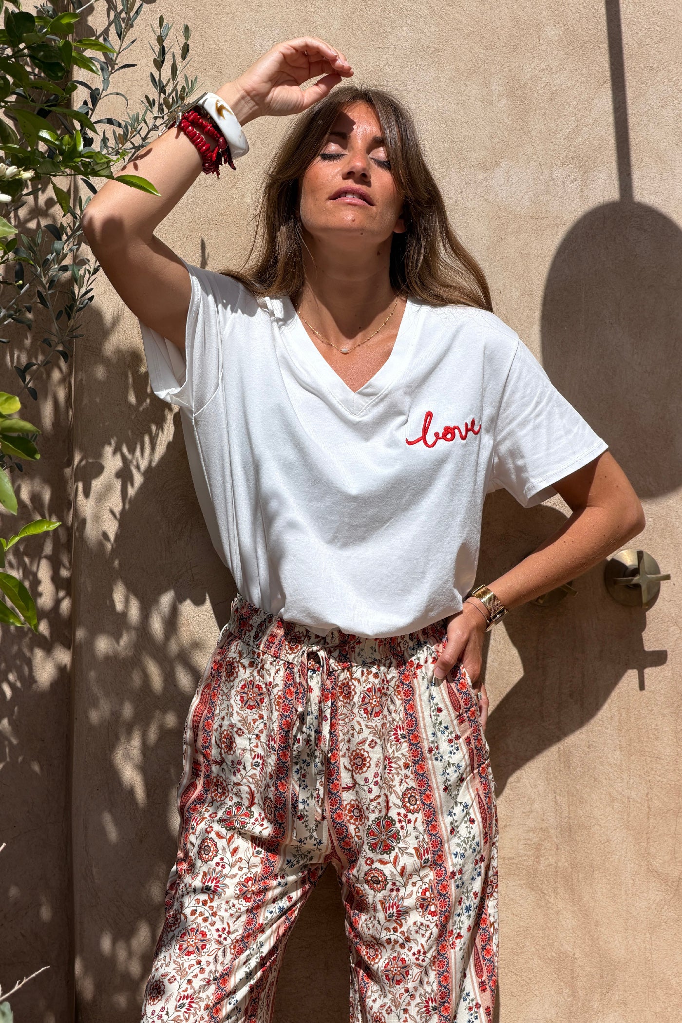 White / Red V-Neck “Love in the Sun” Jersey Knit Tee