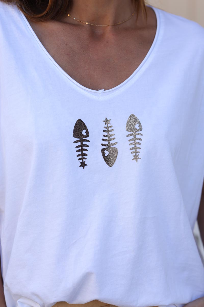 White cotton v-neck t-shirt with glitter fish design