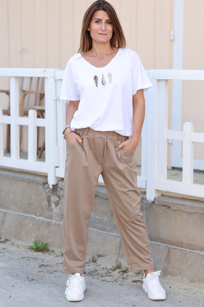 White cotton v-neck t-shirt with glitter fish design