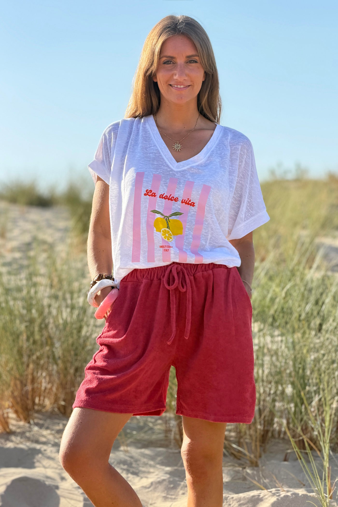 Tshirt blanc fluide motif Dolce Vita citrons et rayures roses