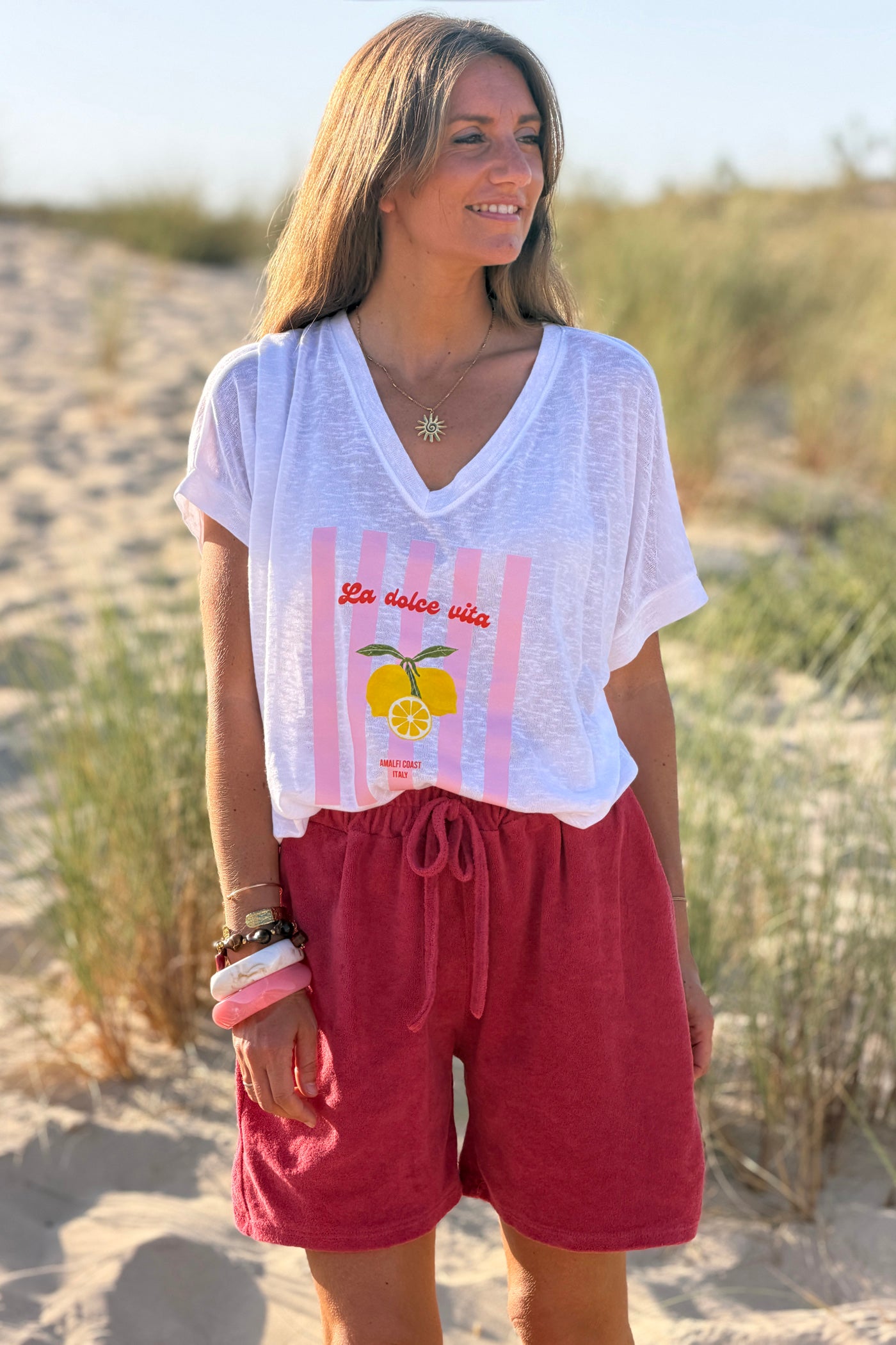 Tshirt blanc fluide motif Dolce Vita citrons et rayures roses