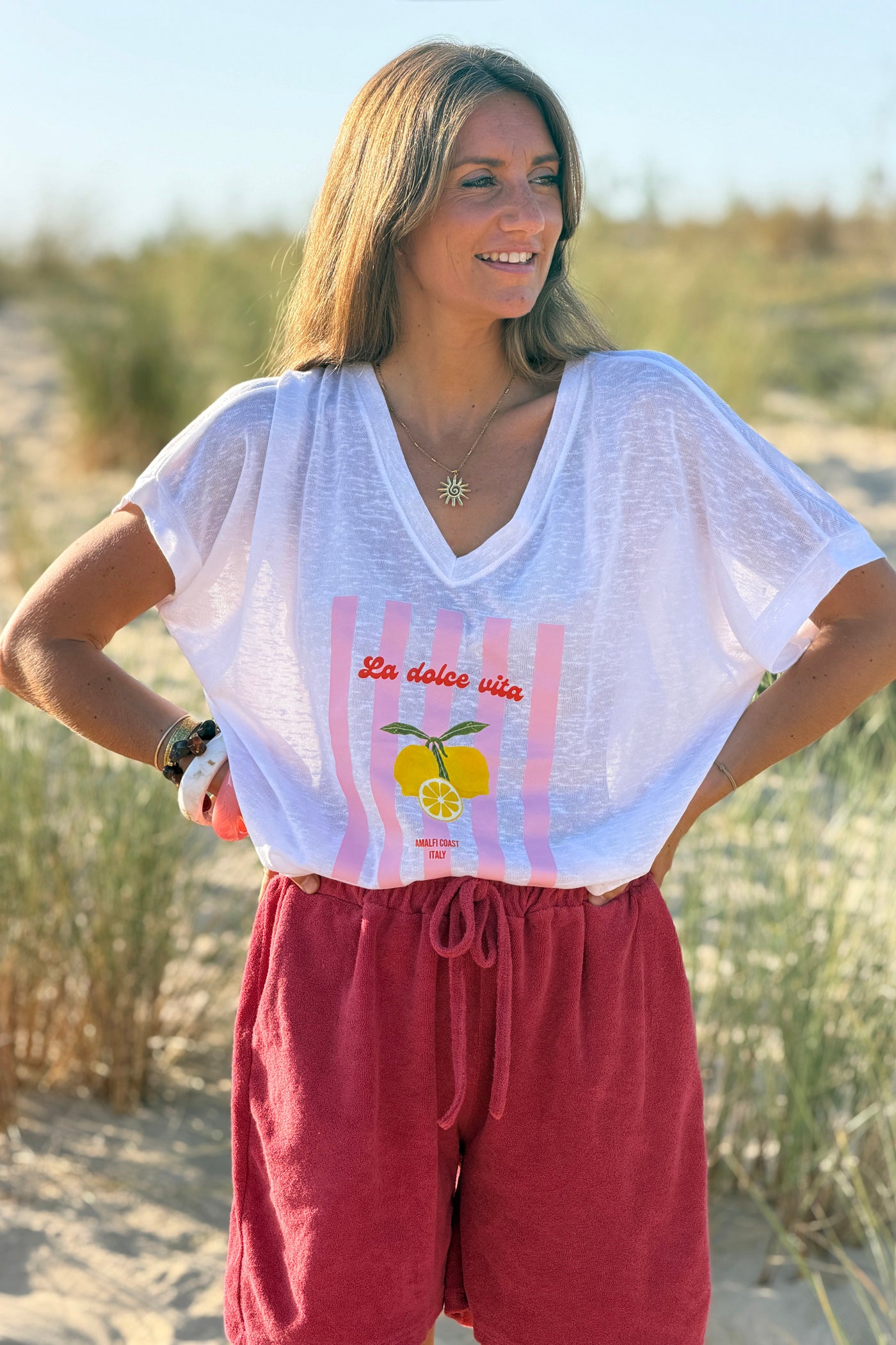 Tshirt blanc fluide motif Dolce Vita citrons et rayures roses