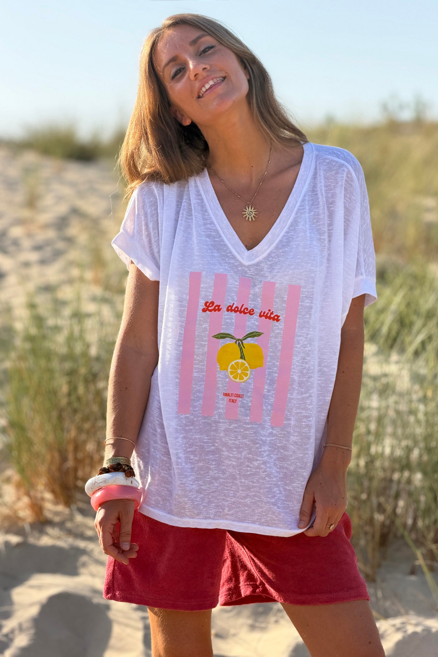 Tshirt blanc fluide motif Dolce Vita citrons et rayures roses